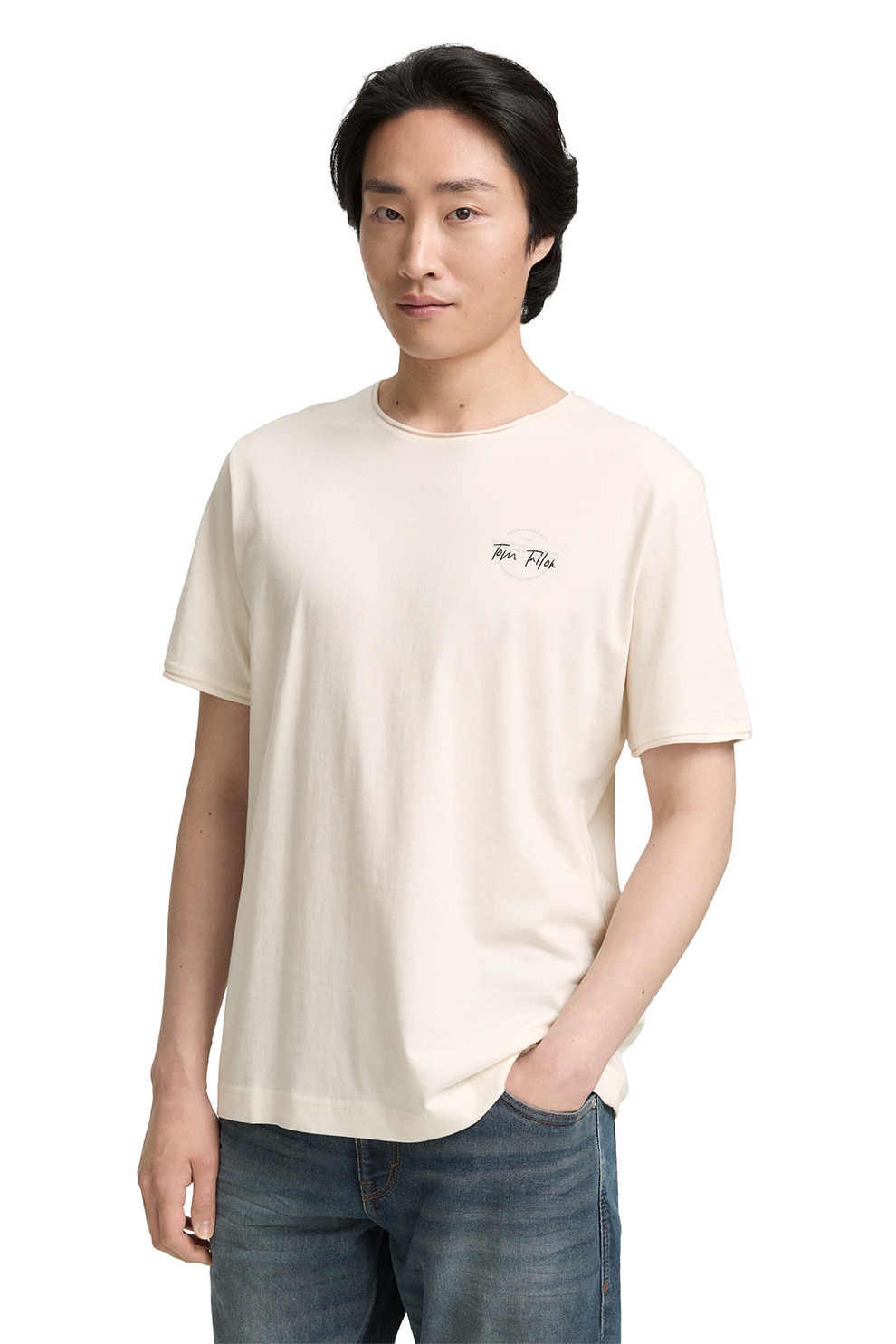 TOM TAILOR, Tricou de bumbac cu imprimeu logo discret pe piept, Bej deschis, M