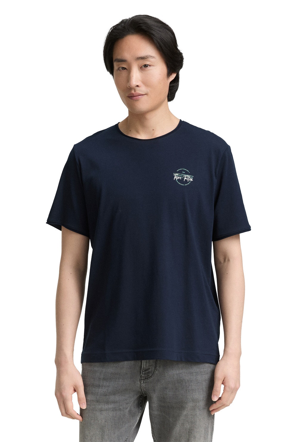 TOM TAILOR, Tricou de bumbac cu imprimeu logo discret pe piept, Albastru ultramarin, Alb murdar, S