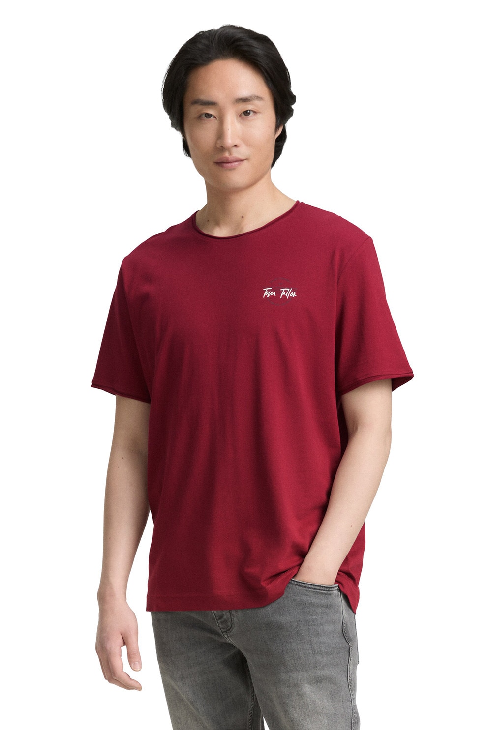 TOM TAILOR, Tricou de bumbac cu imprimeu logo discret pe piept, Rosu inchis, S