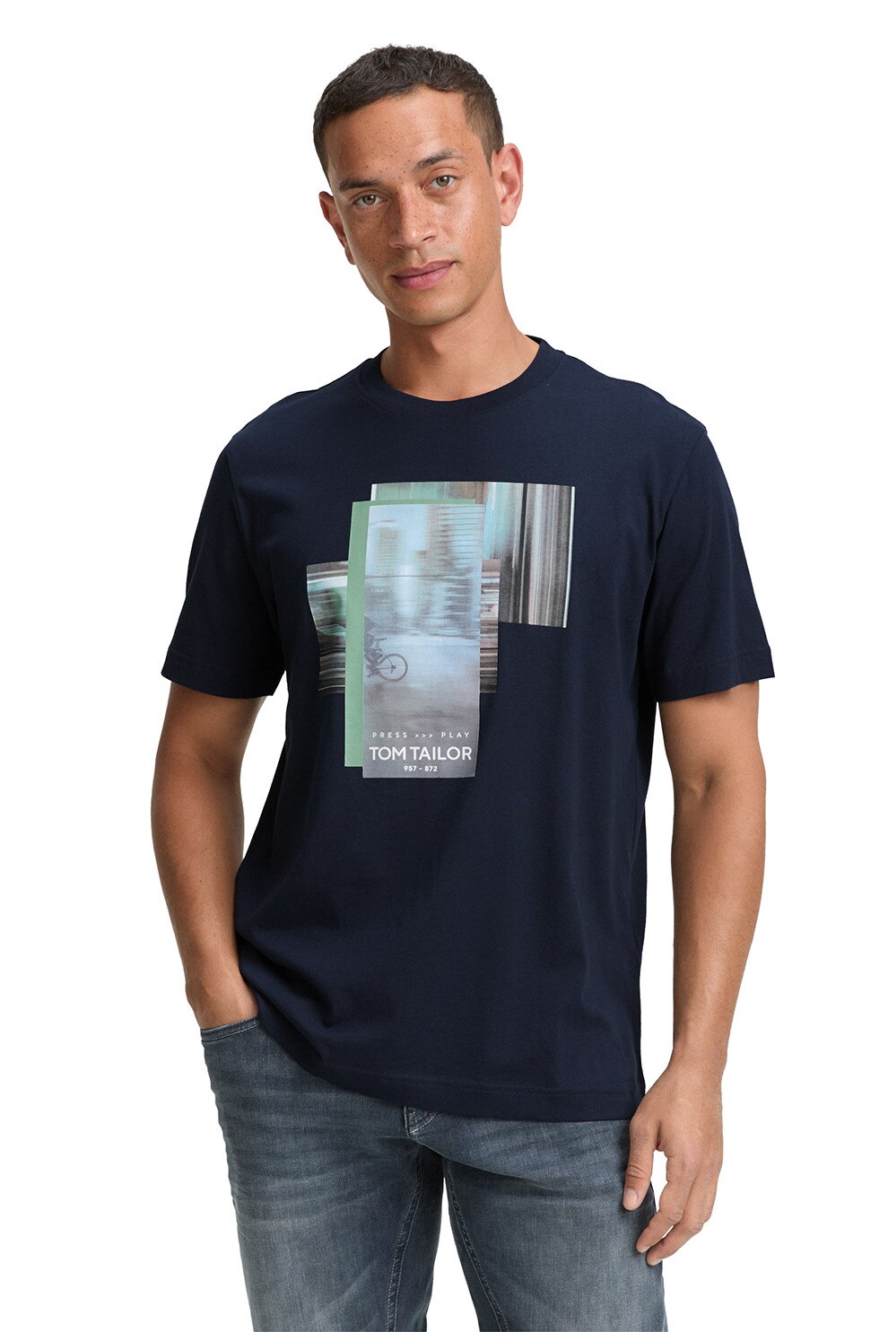 TOM TAILOR, Tricou cu imprimeu grafic, Verde, Albastru glaciar, Bleumarin, S