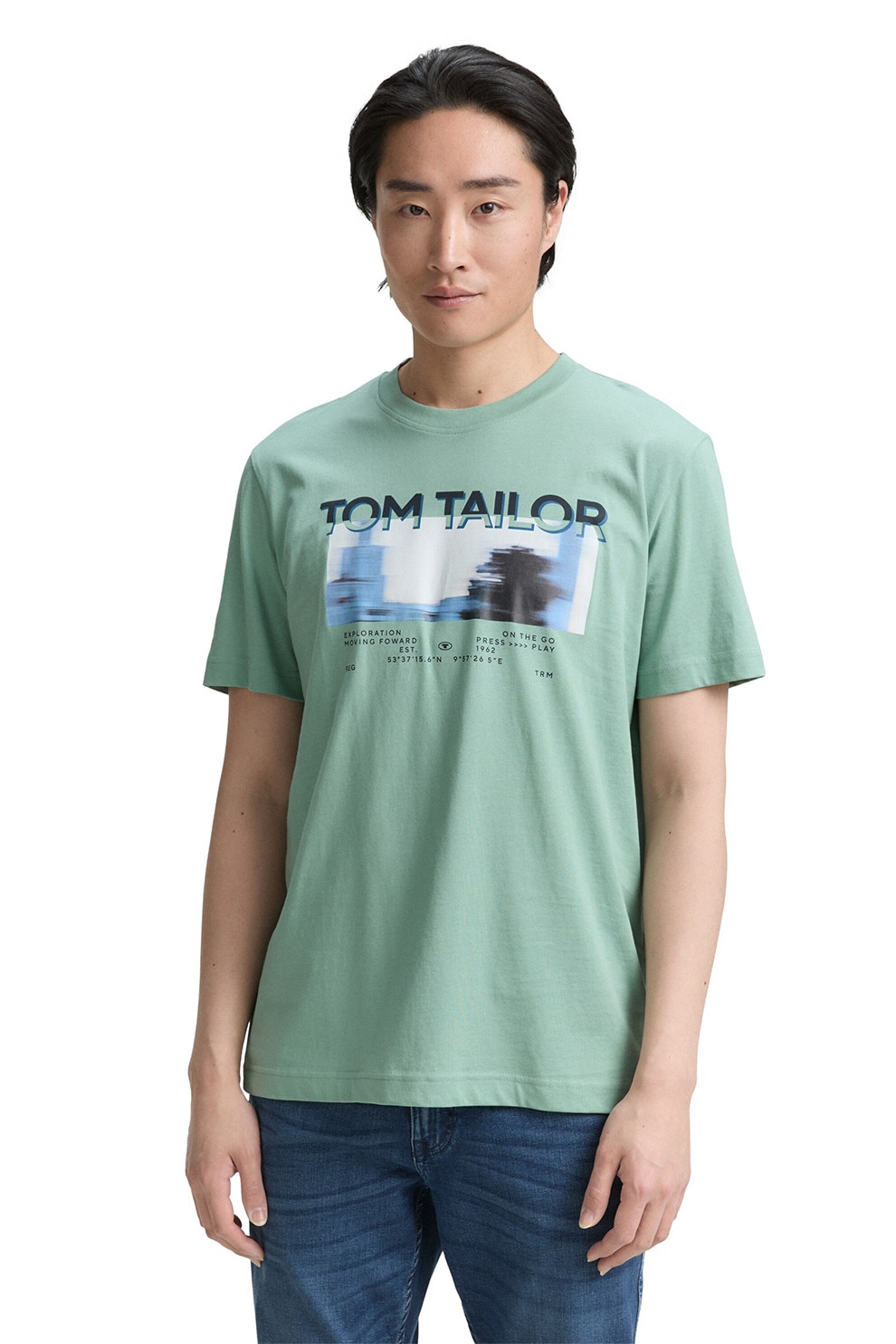 TOM TAILOR, Tricou cu imprimeu grafic, Negru, Verde pal, Albastru azur, M
