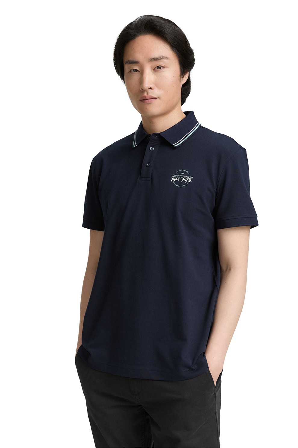 TOM TAILOR, Tricou polo slim fit, Alb, Bleumarin, S