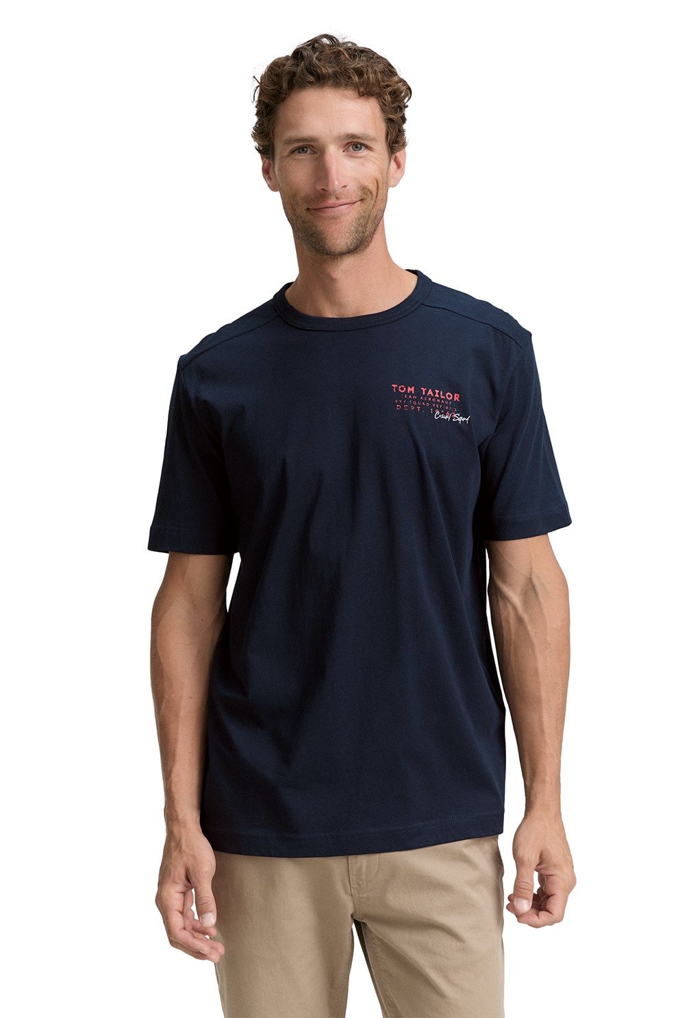 TOM TAILOR, Tricou cu decolteu la baza gatului si detaliu cu logo pe piept, Bleumarin, M