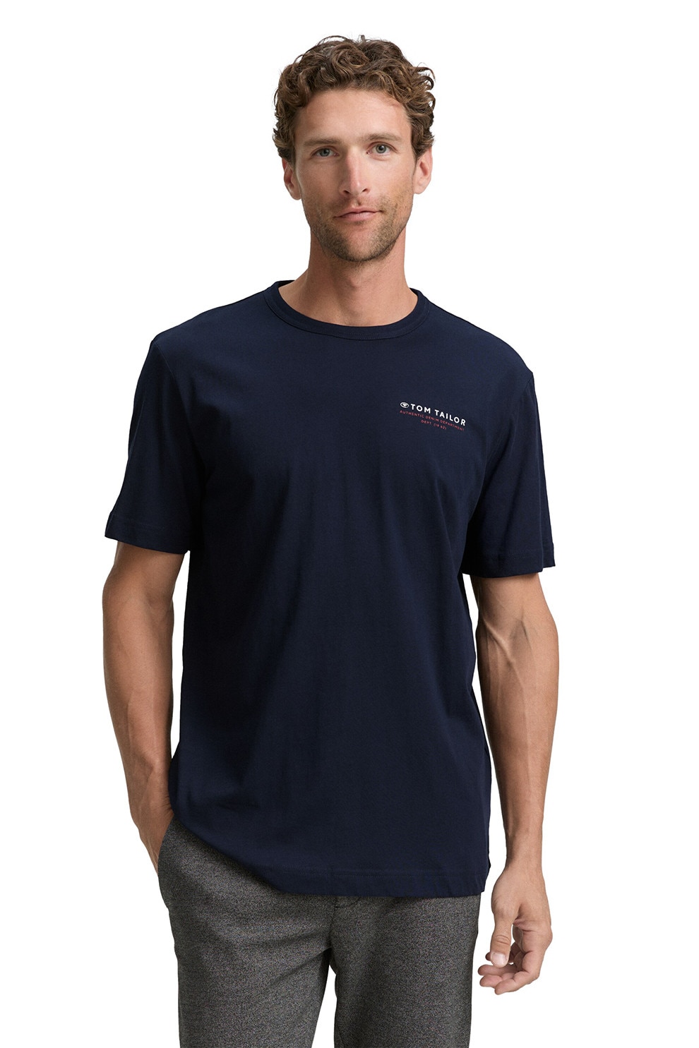 TOM TAILOR, Tricou regular fit cu decolteu la baza gatului, Alb, Bleumarin, S