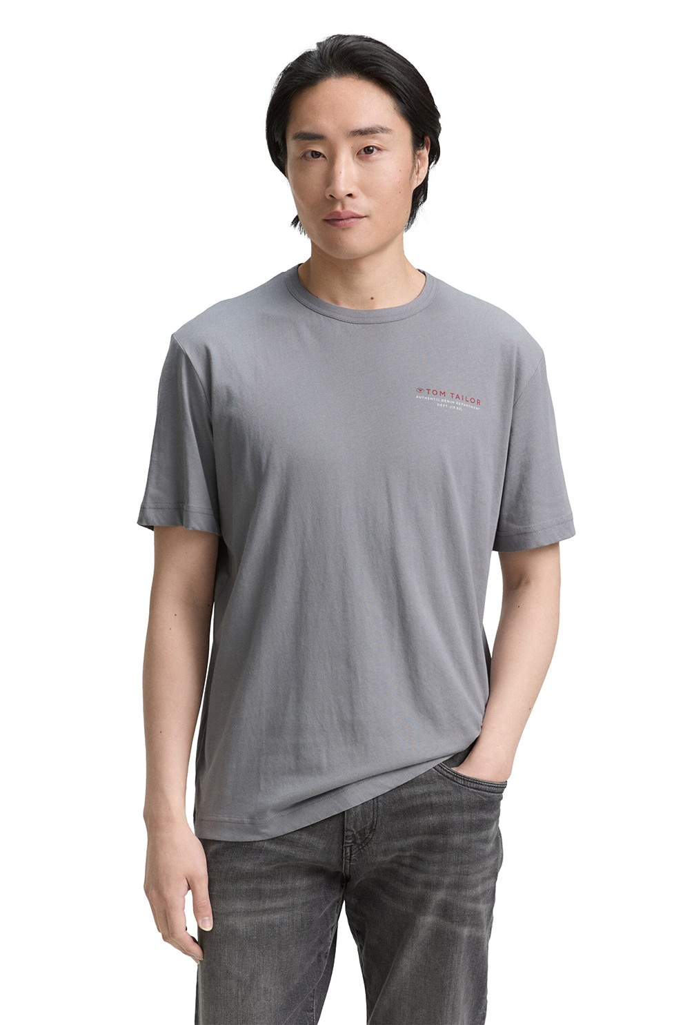 TOM TAILOR, Tricou regular fit cu decolteu la baza gatului, Gri, XL