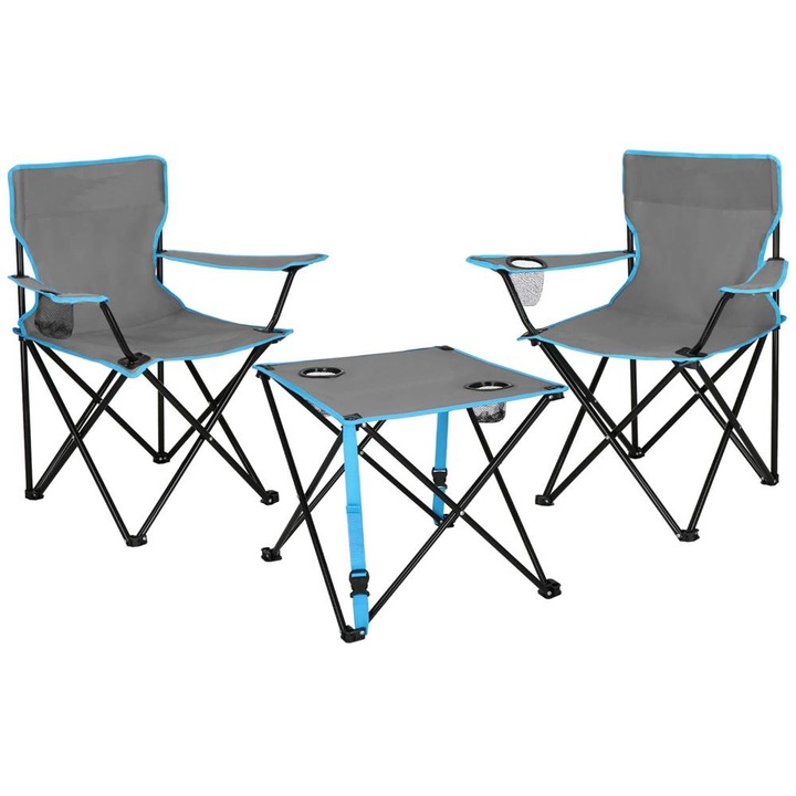 Сгъваем комплект маса с 2 стола, метална конструкция, транспортен калъф, 47x47x45 см, сив