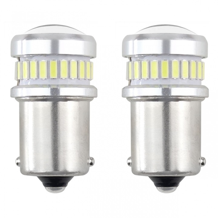 Becuri LED BA15S 12V 24V set 2 buc, AMIO, 5600K, 60x18mm