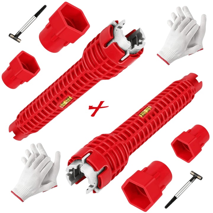 Cheie multifunctionala 8 in 1 + manusi - 2 buc, pentru instalatori, mesteri si oricine doreste sa monteze / demonteze baterii de chiuveta, capace de WC, produs compact ocupa putin spatiu