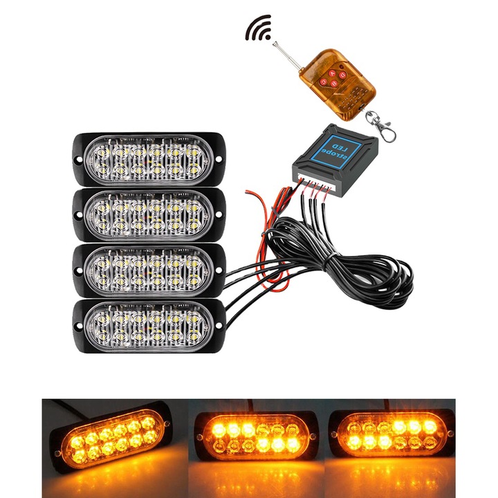 Set 4 Lampi LED de Avertizare tip Stroboscoape, Premium, 12-24V, 12 Functii, cu Telecomanda