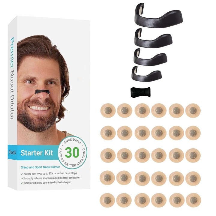 Kit Dilatator nazal magnetic, antisforait si sport, creste aportul de oxigen, 4 benzi magnetice de marimi diferite, cu aplicator, 30 plasturi magnetici, Negru