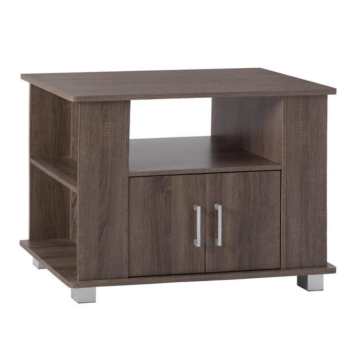 Suport TV modern, nuanta nuc, cu dulap si rafturi laterale, 74.5-80x40x57.5 cm