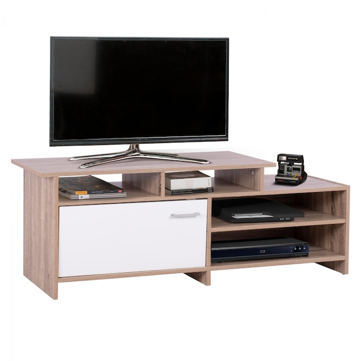 Comoda TV Scott, sonama alba, 123x39,5x35,5-45,5 cm, cu dulap si rafturi
