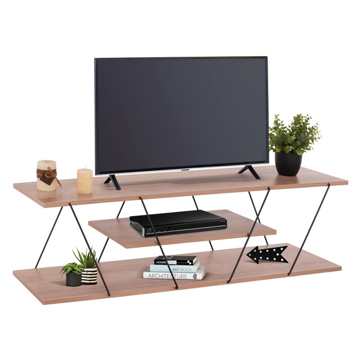 Suport TV TARS, melamina naturala si metal negru, 120x32x33H cm