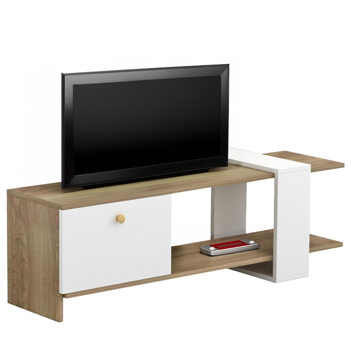 Comoda TV EENRIETTE melamina maro natur cu alb, 120x25x37cm, design modern, spatiu de depozitare deschis