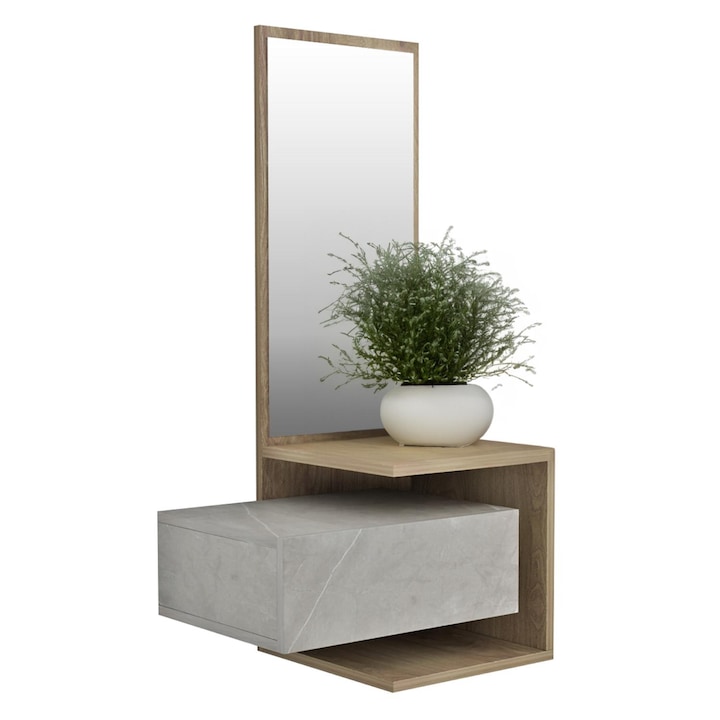 Mobilier de intrare MEARA cu oglinda, melamina textura piatra gri-natur, 49,1x31,3x90H cm