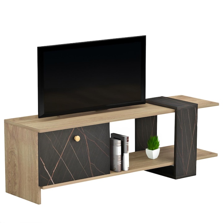 Comoda TV Henriette, melamina SONAMA cu marmura neagra, 120x28.5x37.5cm, design modern, spatiu de depozitare deschis