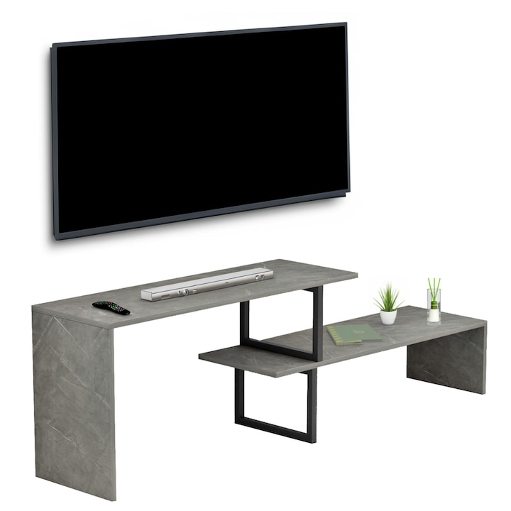 Comoda TV extensibila BRIGGITE, textura piatra gri, suporturi metalice negre, 110-160x30x45cm