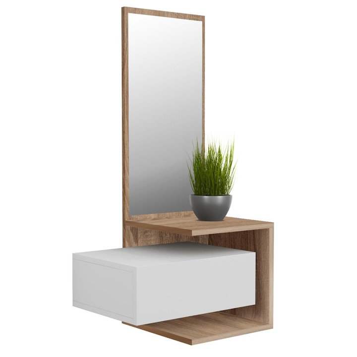 Mobilier de intrare MEARA, cu oglinda, alb-bej, 49,1x31,3x90H cm