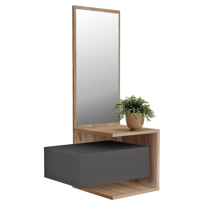 Comoda Mobilier hol cu oglinda MEARA, melamina, natur-gri, 49,1x31,3x90cm