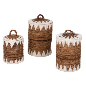 Set 3 cosuri rotunde cu capac, natural-alb, PH30x41Hcm, PH36x52Hcm, PH42x63Hcm