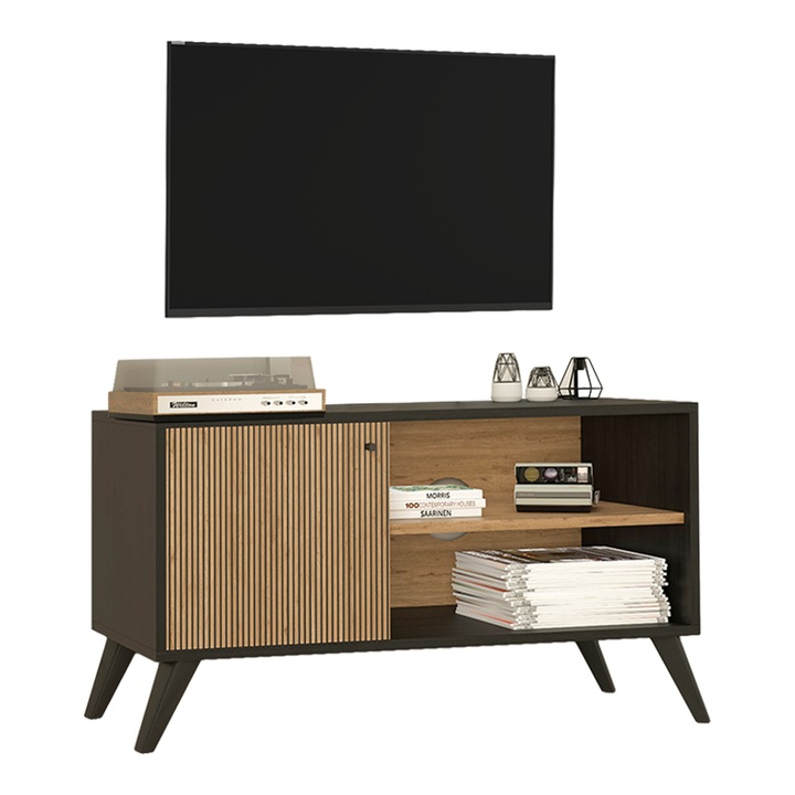 Suport TV KRUDEN, melamina neagra-natur, 1 dulap, 100x40x51H cm