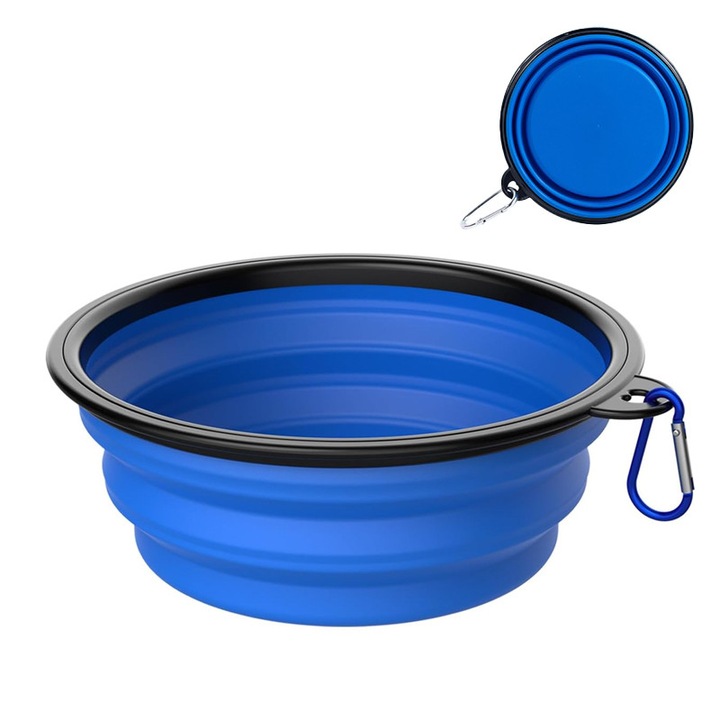 Bol pliabil pentru caini/pisici, NEXTLY, 2 nivele de adancime, pentru apa si mancare, silicon non-toxic, 16 cm diametru, 6.5 cm inaltime, M, albastru