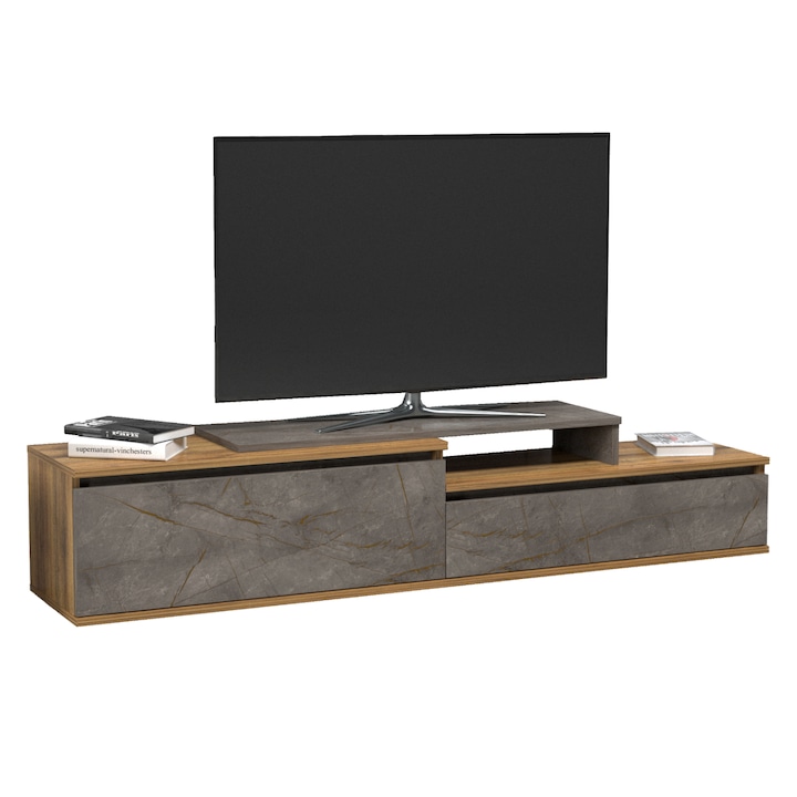 Comoda TV LEIS, lemn natural si aspect marmura gri, 180x35x42Hcm