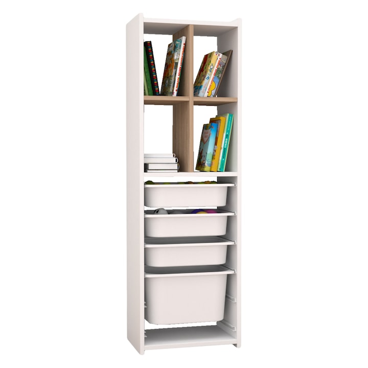 Comoda SANI cu 4 sertare albe si 4 rafturi, melamina alba si sonoma, 45x30x144H cm