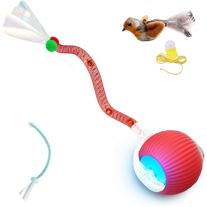 Set 2 jucarii interactive pisici, Minge cu autodeplasare, pasare simulata，model dungat si coada cu franghie distractiva, rosu