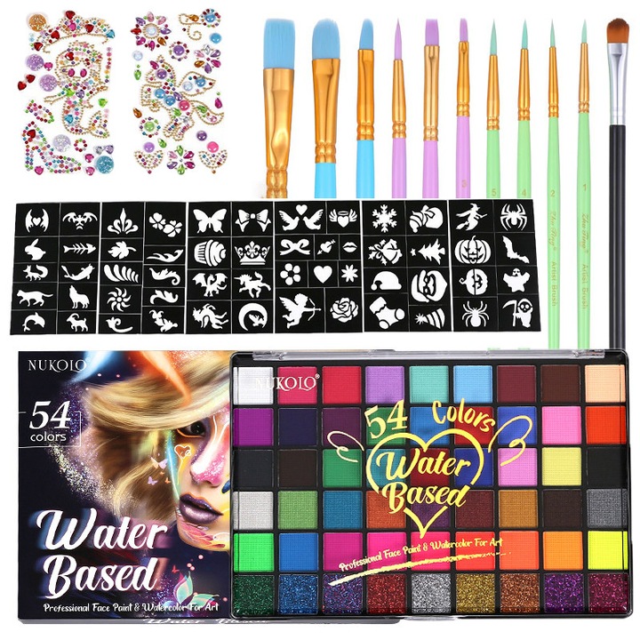 Комплект за рисуване по лице за деца, 54 цвята, на водна основа, с четки, шаблони, стикери със скъпоценни камъни, нетоксичен, многоцветен