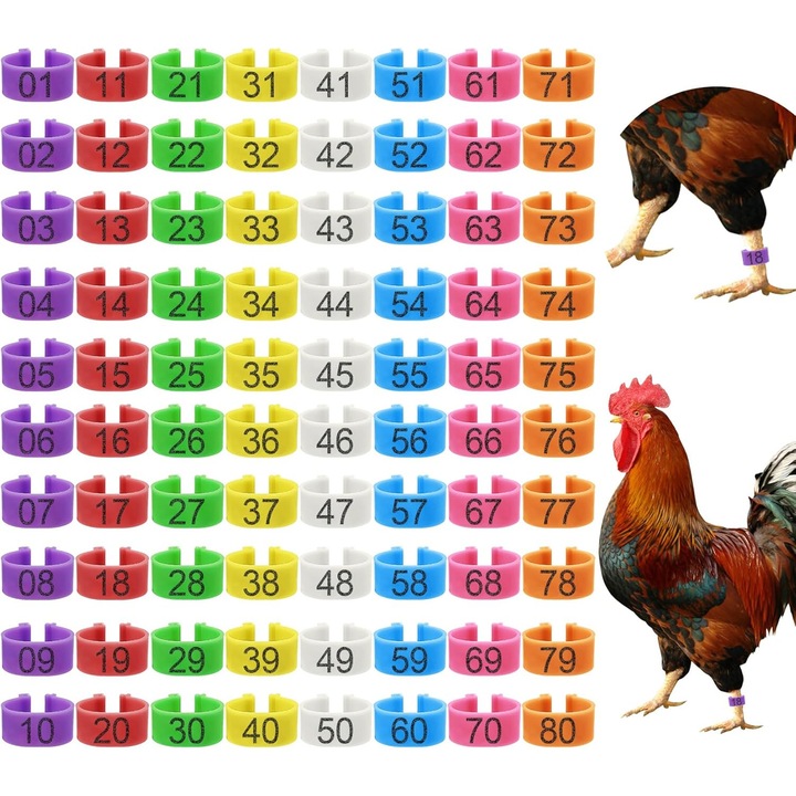 Banda de identificare pentru picioare de pui, Supertina®, set 80 bucati, 8 culori, numere 01-80, 16mm