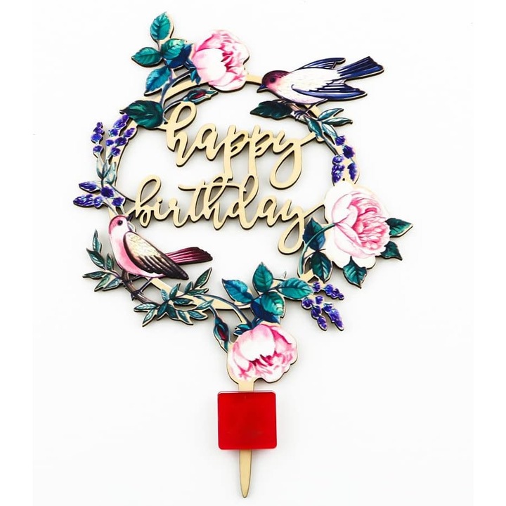Златни декорации за торта, Честит рожден ден, Дизайн с цветя и птици, Коледа, Свети Валентин, Подарък за парти, Аксесоар за торта