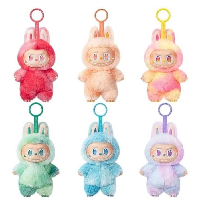 Figurina Labubu Have a seat, personaj surpriza cu hainuta si sunete, 19 cm, multicolor