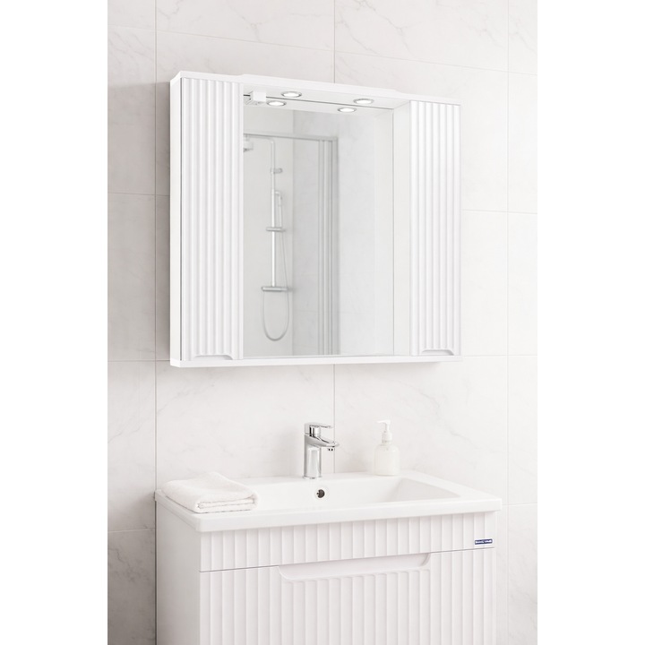 Oglinda cu dulap si iluminare LED Badenmob, MDF, seria 033, 80x71x14cm, Alb