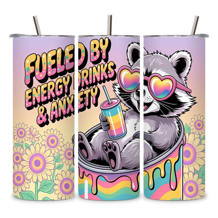 Cana Termos, Cu Capac si Pai Reutilizabil, Inox, Durabilitate Extrema, Izolatie Eficienta, Capacitate 600ml, Mesaj Amuzant "Fueled by energy drinks and anxiety"