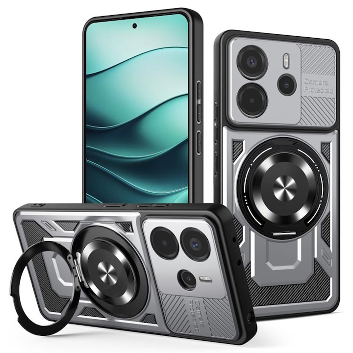 Xiaomi Redmi Note 14 5G TitanX HaloStand Pro tok mágneses forgógyűrűvel 360°-ban kihajtható állvánnyal, karbon textúrájú lencsevédelemmel - szürke