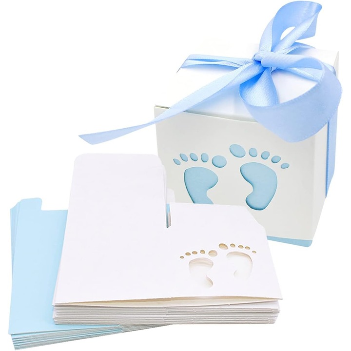 20 de bucati cutii de bomboane pentru baby shower, cutii mici de cadou cu bomboane, design personalizat pentru copii, ziua de nastere, invitati, petrecere de nunta, cu panglica, albastru, Cu model Cutie cadou Albastru, Alb Orice ocazie