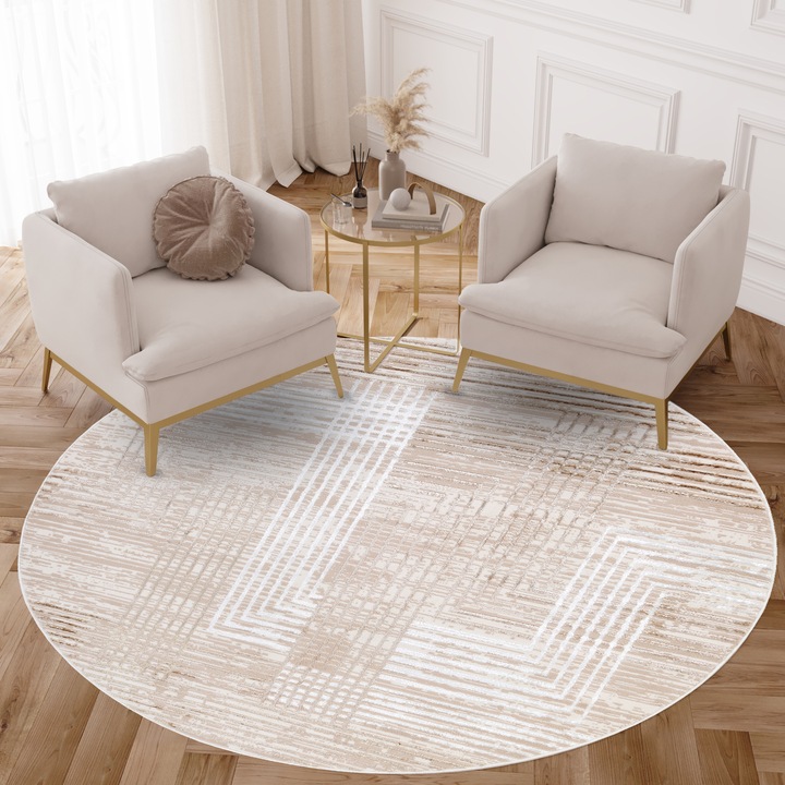 Covor, Tapiso, Crystal Round, 160 x 160 cm, Inaltime Fir 8 mm, Bej, Pentru Living, Dormitor, Rezistent La UV, Rezistent La Pete, Lavabil, Usor de curatat, Rezistent La Intemperii, Impermeabil, Moale La Atingere, 1350