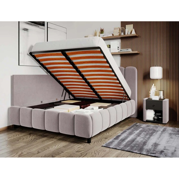 Pat Tapitat de colt, Bari cu Somiera Rabatabila, 140x200, Roz/Velluto 14