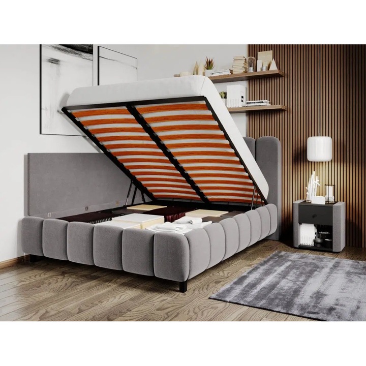 Pat Tapitat de colt, Bari cu Somiera Rabatabila, 160x200, Gri/Velluto 16