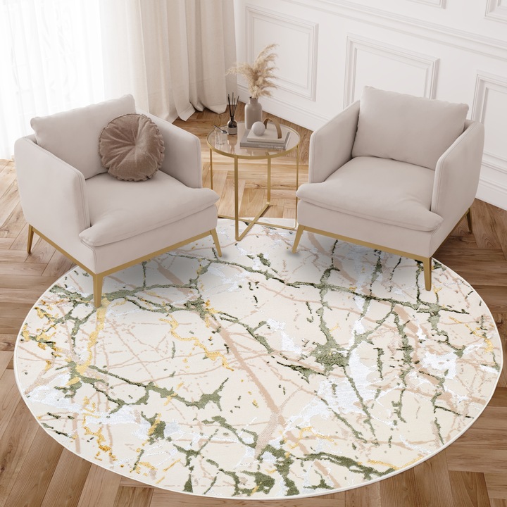 Covor, Tapiso, Crystal Round, 200 x 200 cm, Inaltime Fir 8 mm, Crem/Auriu, Pentru Living, Dormitor, Rezistent La UV, Rezistent La Pete, Lavabil, Usor de curatat, Rezistent La Intemperii, Impermeabil, Moale La Atingere, 1664