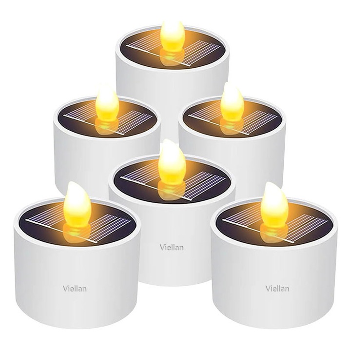 Set 6 Lampa solara tip lumanare, VIELLAN, LED, exterior/interior, efect flacara, diametru 5 cm, rezistenta la Intemperii, cu senzor auto + buton manual ON/OFF