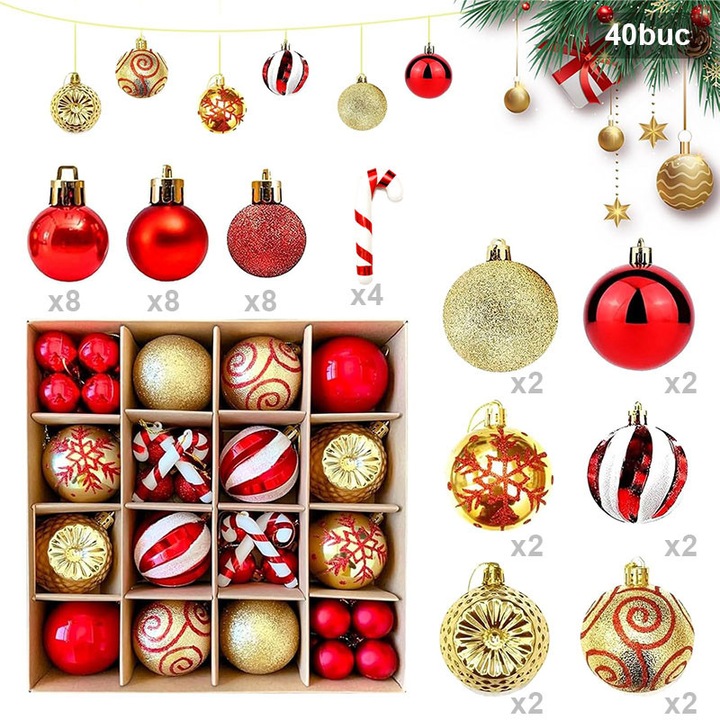 Set de 40 globuri de Craciun Prixtal, plastic ecologic, rosu/auriu, dimensiuni diverse