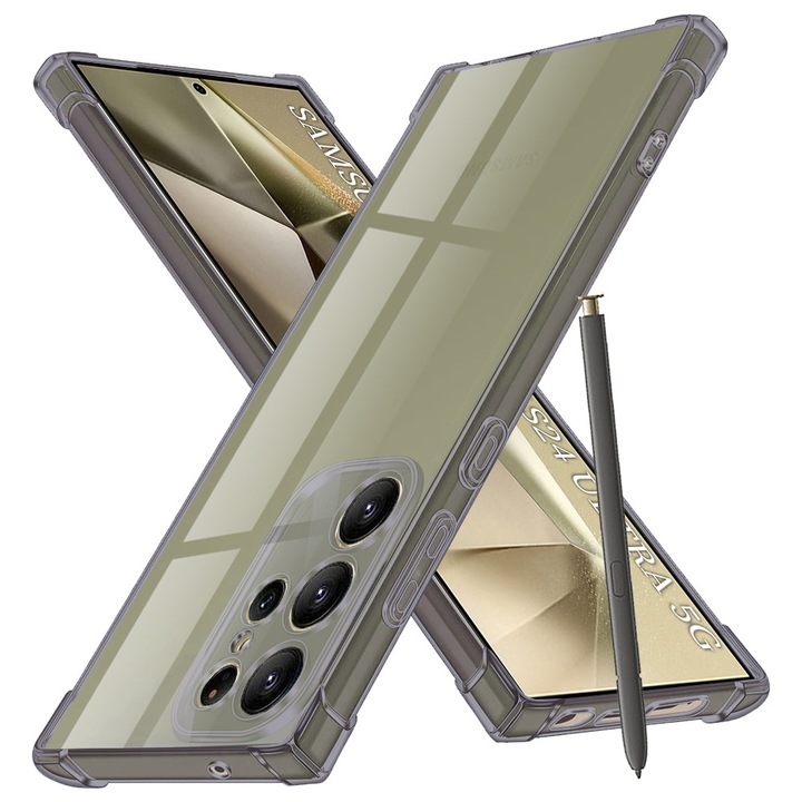 Husa Clear Anti-Soc pentru Samsung Galaxy S24 Ultra, Protectie Colturi AirBag, Rezisntenta Socuri si Zgarieturi, Design Slim, Anti-Ingalbenire, Fumuriu