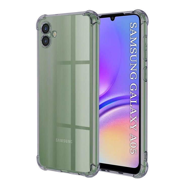 Husa Clear Anti-Soc pentru Samsung Galaxy A05, Protectie Colturi AirBag, Rezisntenta Socuri si Zgarieturi, Design Slim, Anti-Ingalbenire, Fumuriu