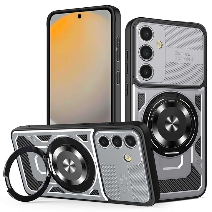 Husa pentru Samsung Galaxy S24 FE DaDen® RuggedCam MagSafe, Antisoc, Incarcare wireless, Inel rotativ, Slider pentru camera, Gri