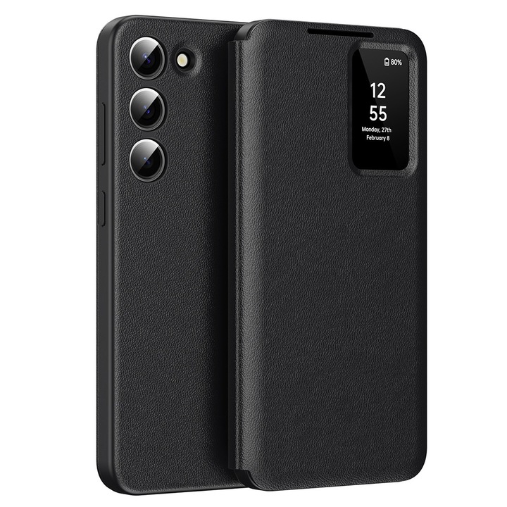 Husa pentru Samsung Galaxy S23 Smart Window View Tip Carte – Design Premium Vizualizare Inteligenta Protectie 360° Card Slot Textura Mata Eleganta - Negru