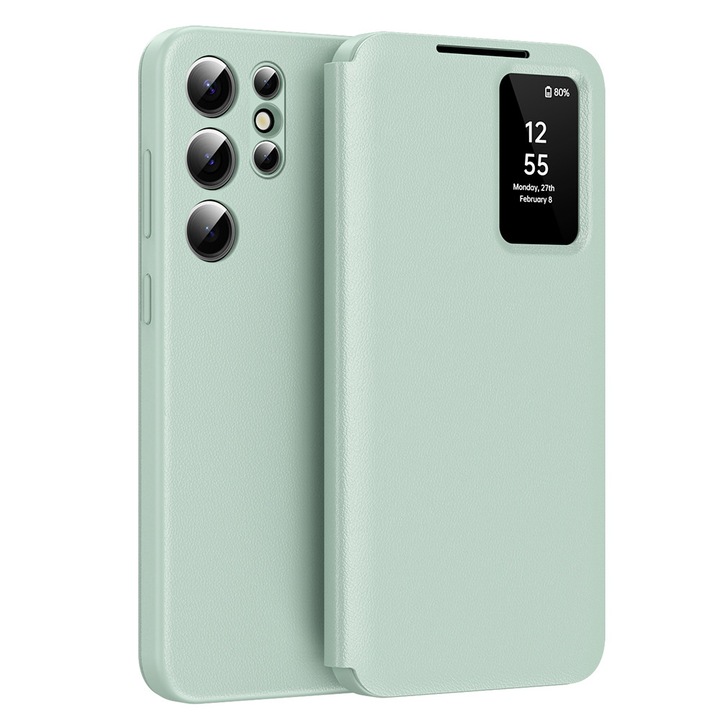 Калъф за Samsung Galaxy S22 Ultra 5G, Екологична Кожа Поликарбонат, Stef's Cat, Зелен