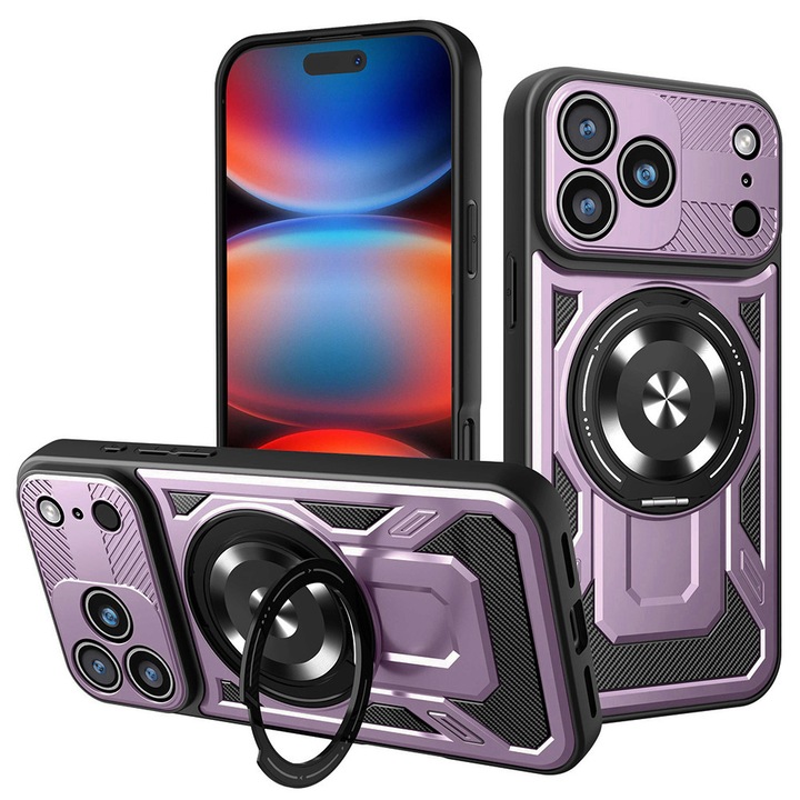 Husa TitanFlex Ring pentru Apple iPhone 17 Pro Max, Protectie Maxima, Rugged Structure, Inel Magnetic Kickstand, Mov
