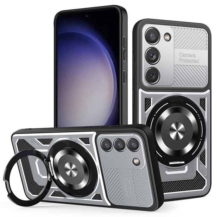 Husa TitanFlex Ring pentru Samsung Galaxy S23, Protectie Maxima, Rugged Structure, Inel Magnetic Kickstand, Gri